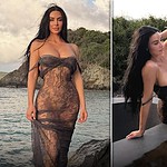 لباس برهنه کیم کارداشیان 45 ساله در مقابل دریا! / سوپر مدل جنجالی با تور شفاف و بدن خمیده