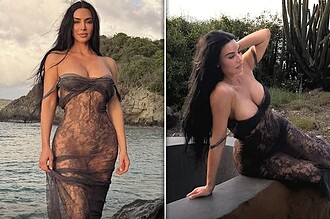 لباس برهنه کیم کارداشیان 45 ساله در مقابل دریا! / سوپر مدل جنجالی با تور شفاف و بدن خمیده