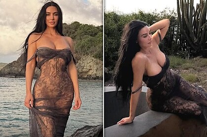 لباس برهنه کیم کارداشیان 45 ساله در مقابل دریا! / سوپر مدل جنجالی با تور شفاف و بدن خمیده