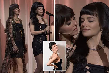 داکوتا جانسون با لباس خواب توری روی صحنه زنده جنجال به پا کرد؛ بوسه‌ای که شب را منفجر کرد